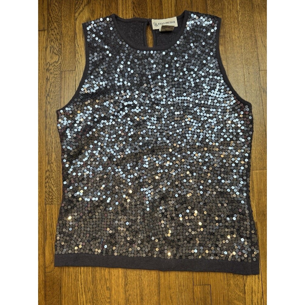 Evan-Picone Women's L Navy Sequin Knit Sleeveless Sweater Lambs Wool and Angora